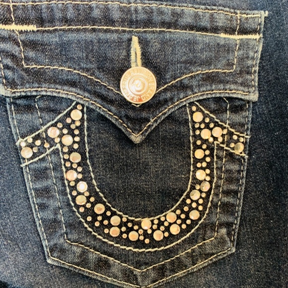 True Religion Hi-Rise Boot Jean Womens 29 X 30  Blue Rhinestone Pockets - Picture 4 of 15